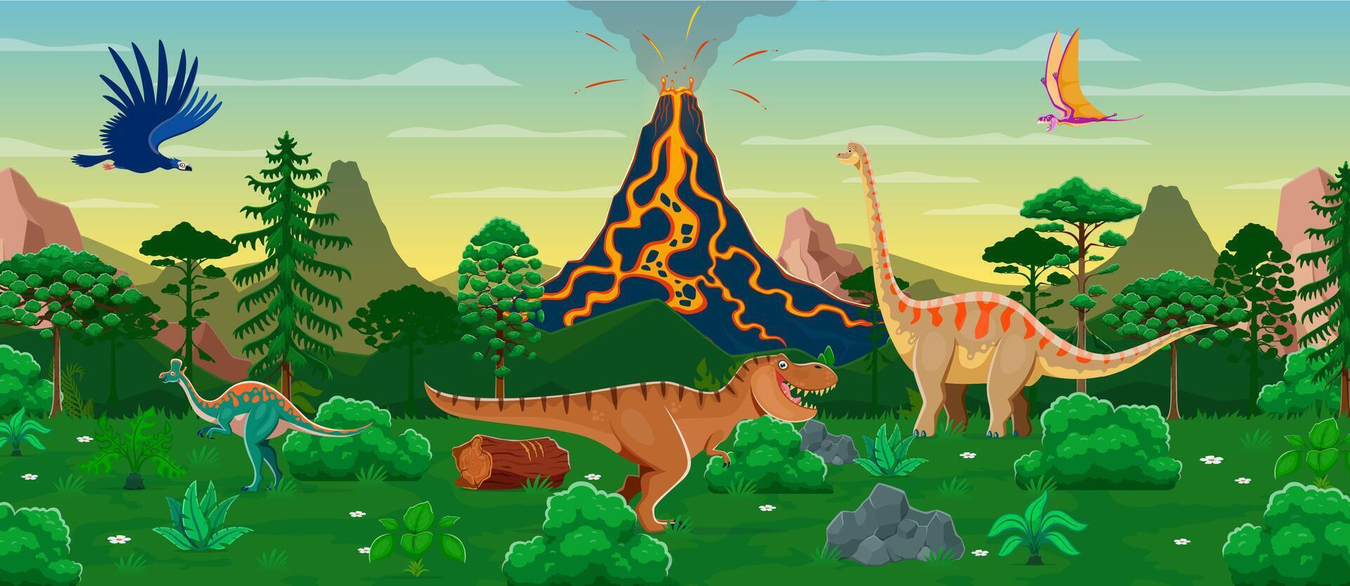 Prehistoric landscape with volcano peak and dinosaurs vector