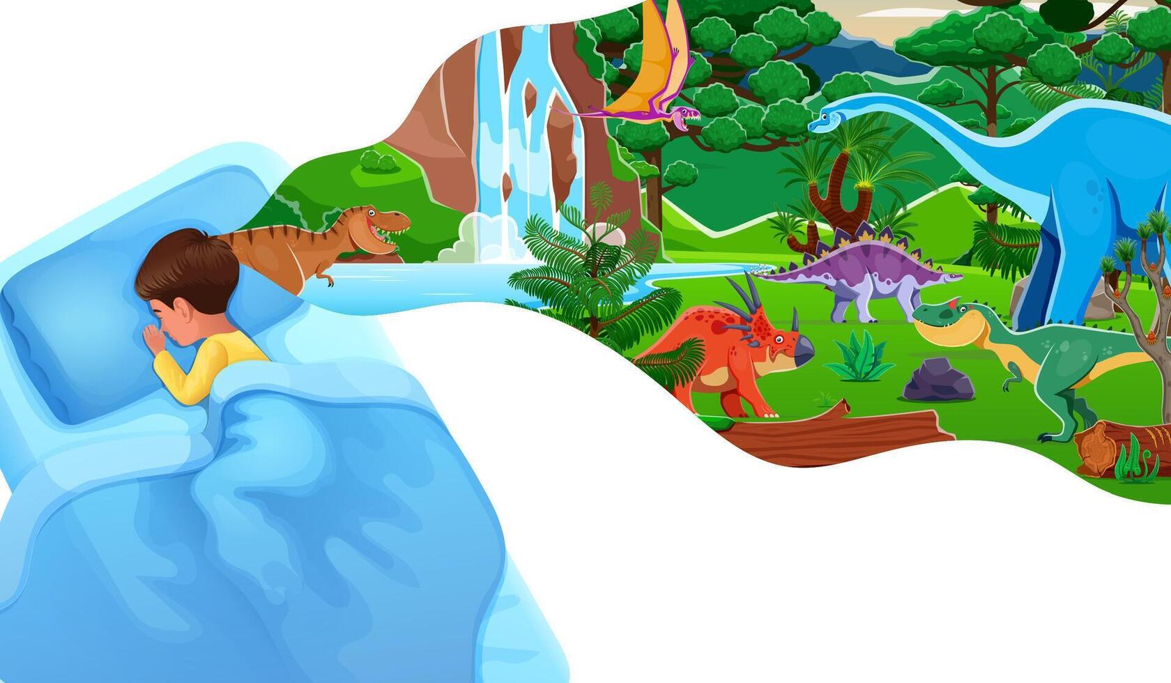 Sleeping boy dreams about dinosaurs at jungle vector