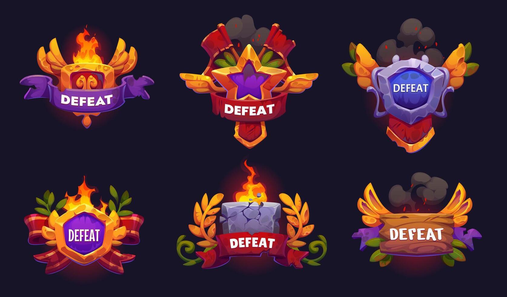 Defeat game frame icons, wood, stone, star boards vector