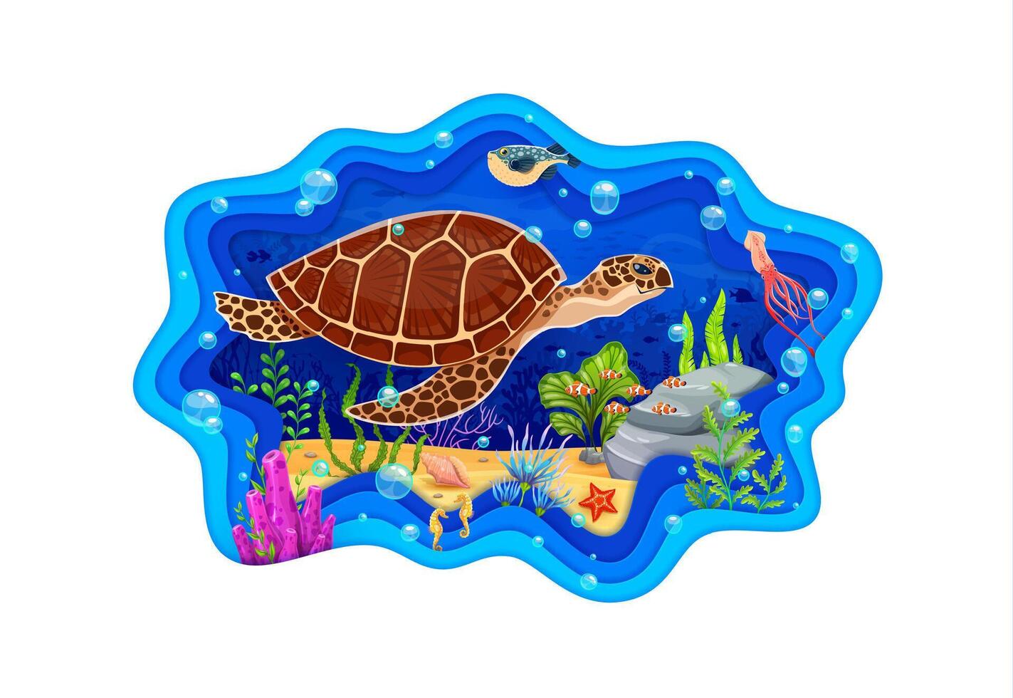 Paper cut banner with turtle, underwater landscape vector
