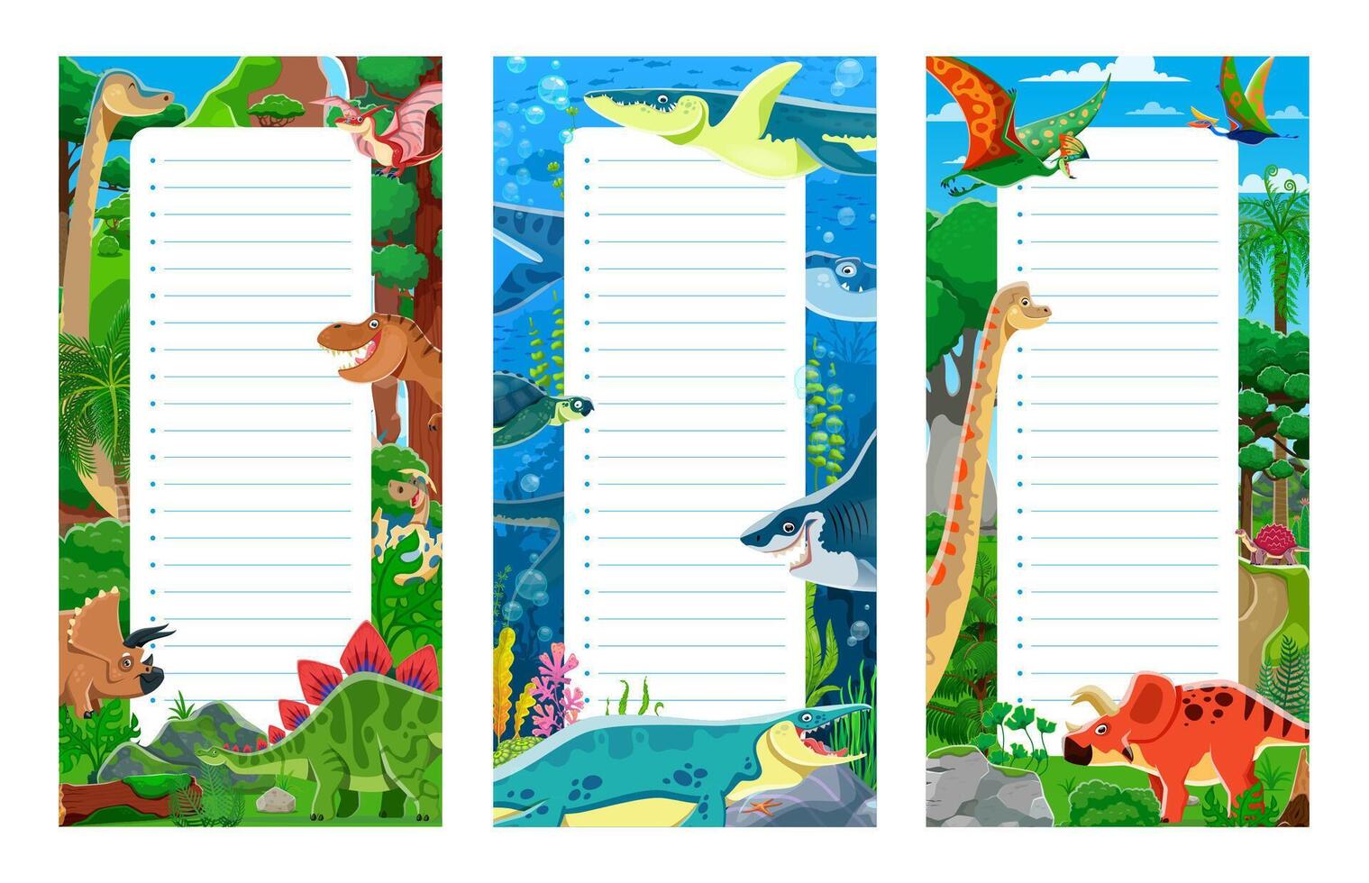 Paper notes, funny dino characters and dinosaurs vector