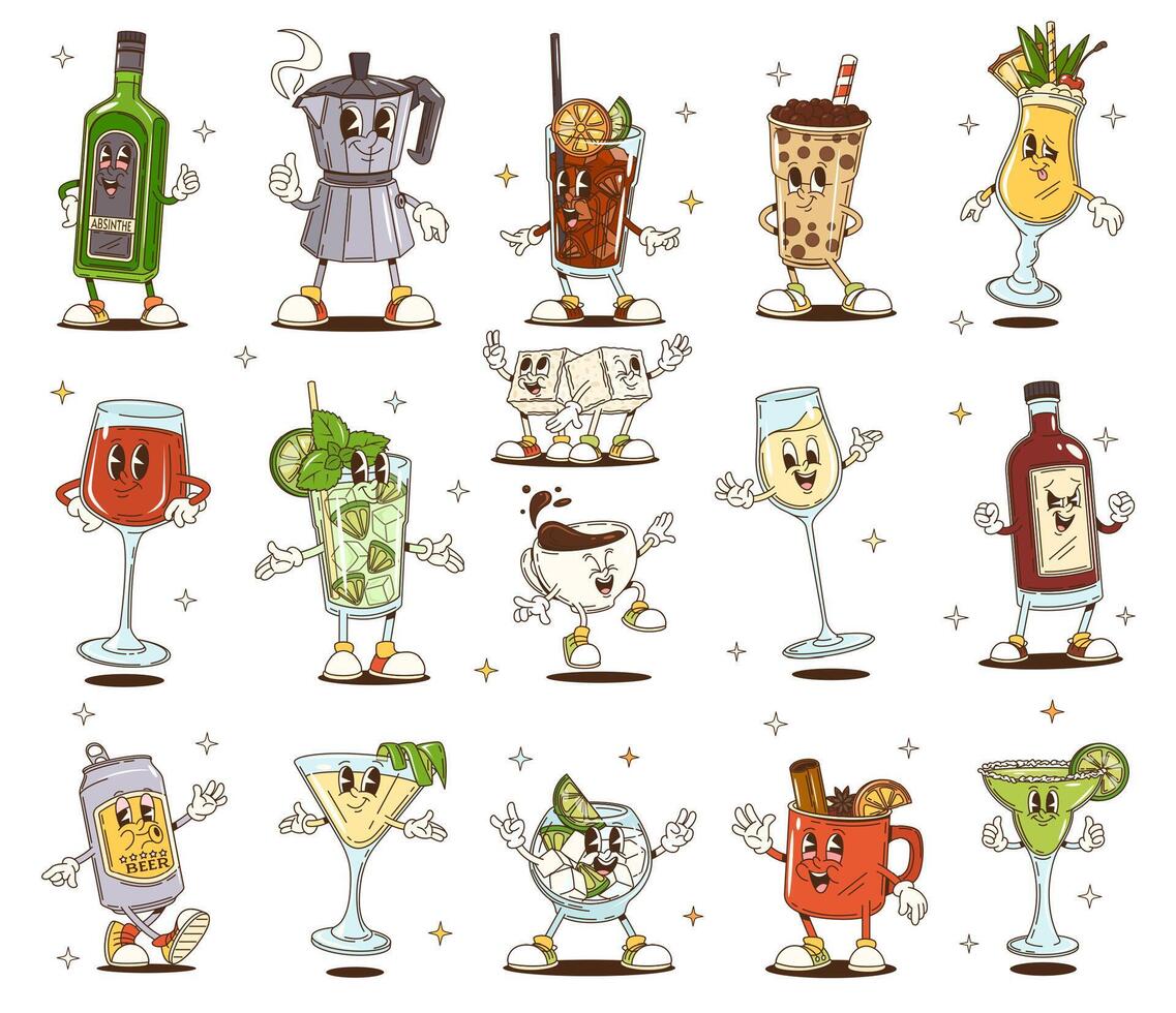 Cartoon groovy drinks, cocktails and hot beverages vector