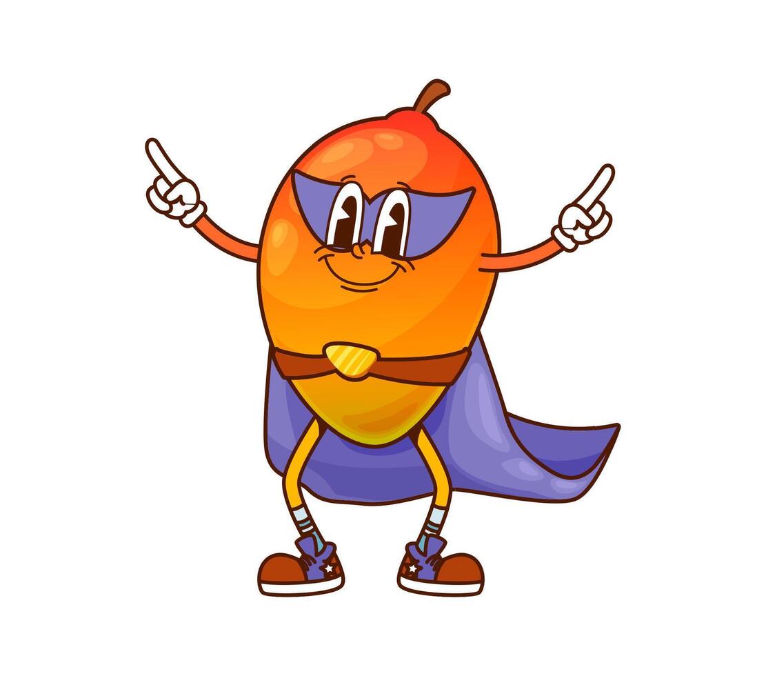 Groovy mango fruit superhero, super hero character vector