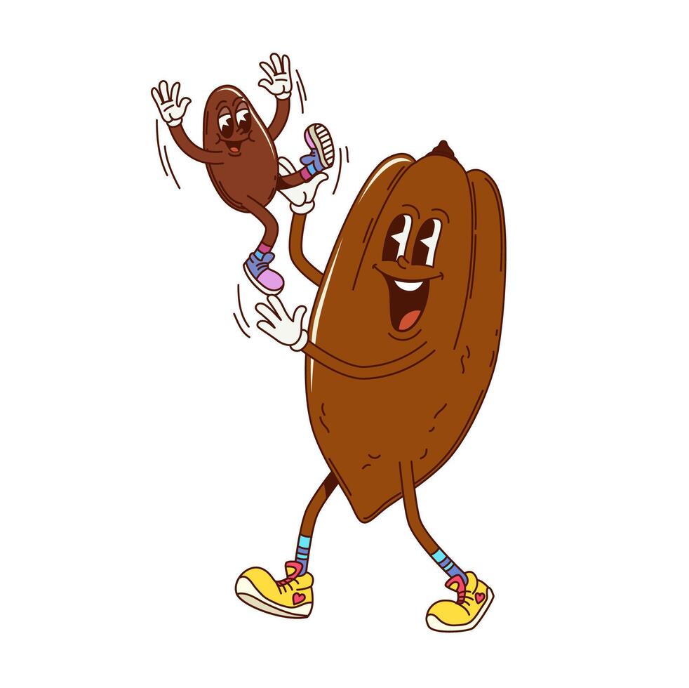 Cartoon groovy cocoa bean funny characters vector