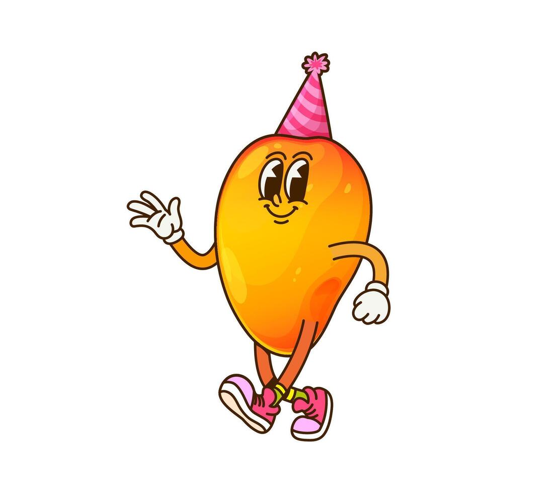 Cartoon groovy mango character wearing party hat vector