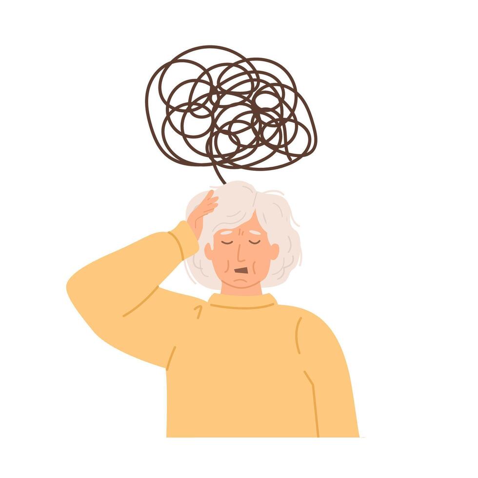 Senior woman feeling lost and confused. Symbol of stress, anxiety, mental overwhelm. Elderly lady with Alzheimer or dementia, struggling with memory and disorientation. isolated illustration. vector