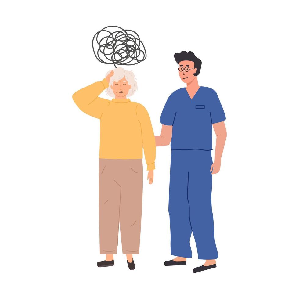 Elderly woman with memory loss being supported by a healthcare professional. Senior lady experiencing confusion, cognitive decline. Dementia Alzheimer disease concept. Flat Style Illustration . vector
