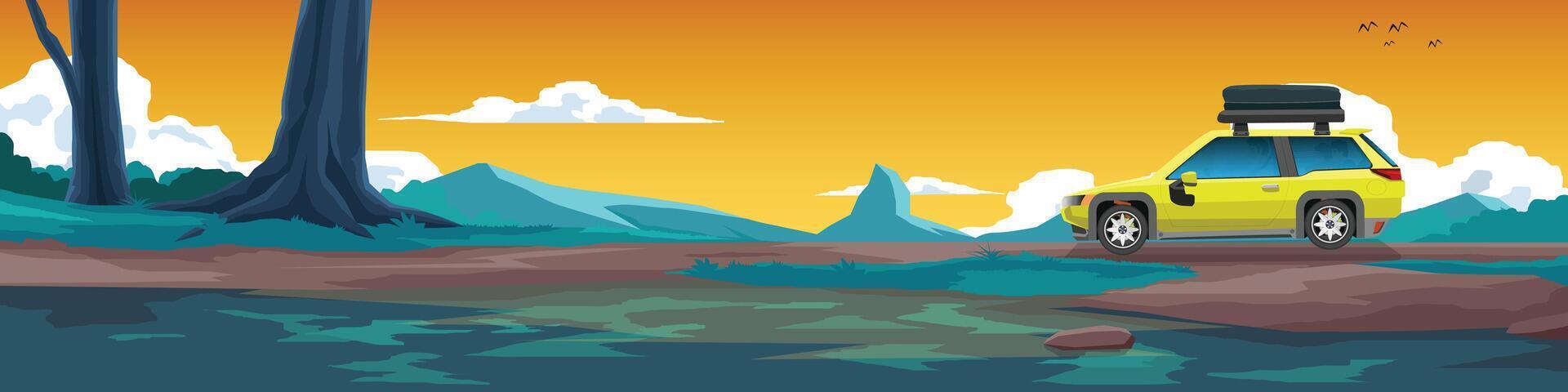 Horizontal or Landscape view of soil road to forest. Traveling of family car with people inside and Luggage on roof of car. Dirt road in a rural area that passes by a river in the forest. Evening sky. vector