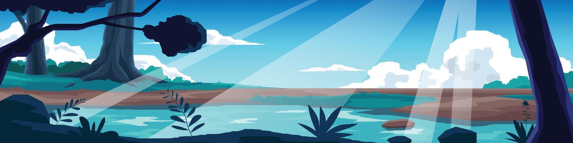 Horizontal or Landscape view of soil road to forest. Dirt road in a rural area that passes by a river in the forest.Tropical rainforest with grassland under blue sky and white clouds background. vector