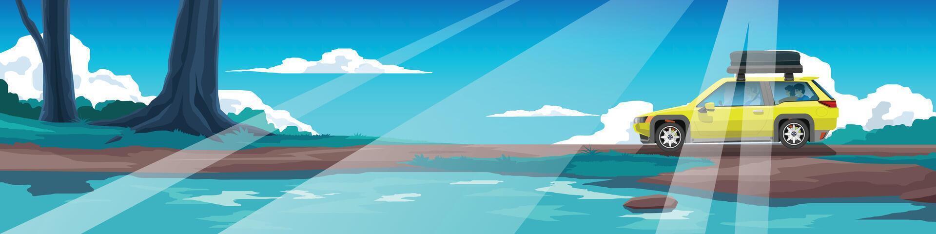 Horizontal or Landscape view of soil road to forest. Traveling of family car with people inside and Luggage on roof of car. Dirt road in a rural area that passes by a river in the forest. Blue sky. vector