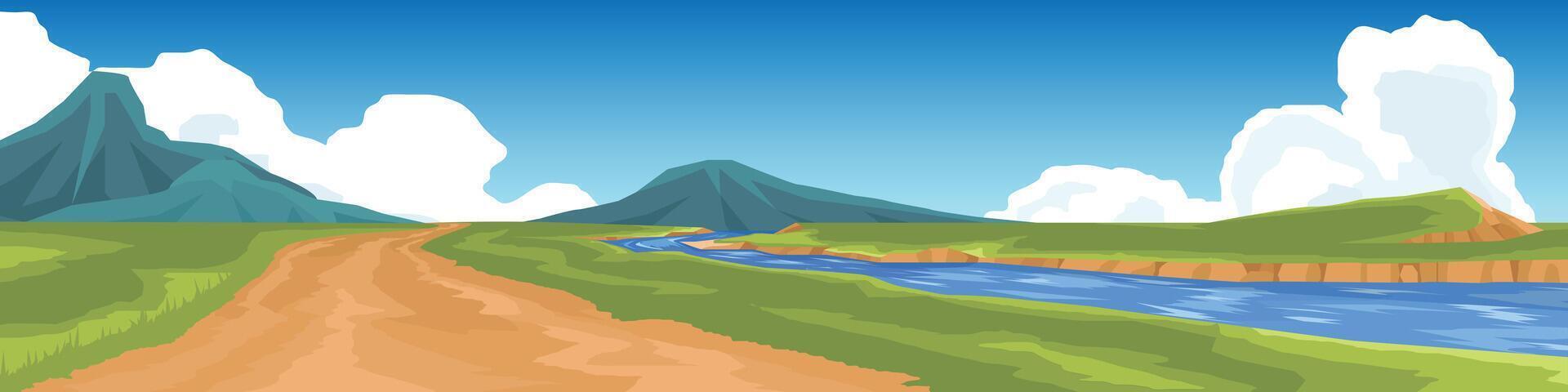 Landscape with a dirt road leading towards distant hills. A river winds through a green field, and fluffy white clouds dot a bright blue sky. Suggesting a peaceful journey. vector
