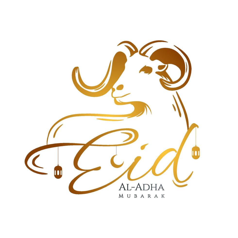 Eid Al-Adha Mubarak greeting background with typography text and hand drawn of goat illustration vector