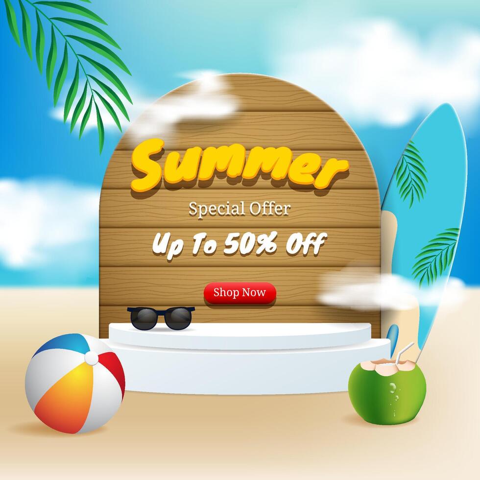 summer special offer banner design for promotion with beach ball, surfing board, coconut, cloud and blue sky background vector
