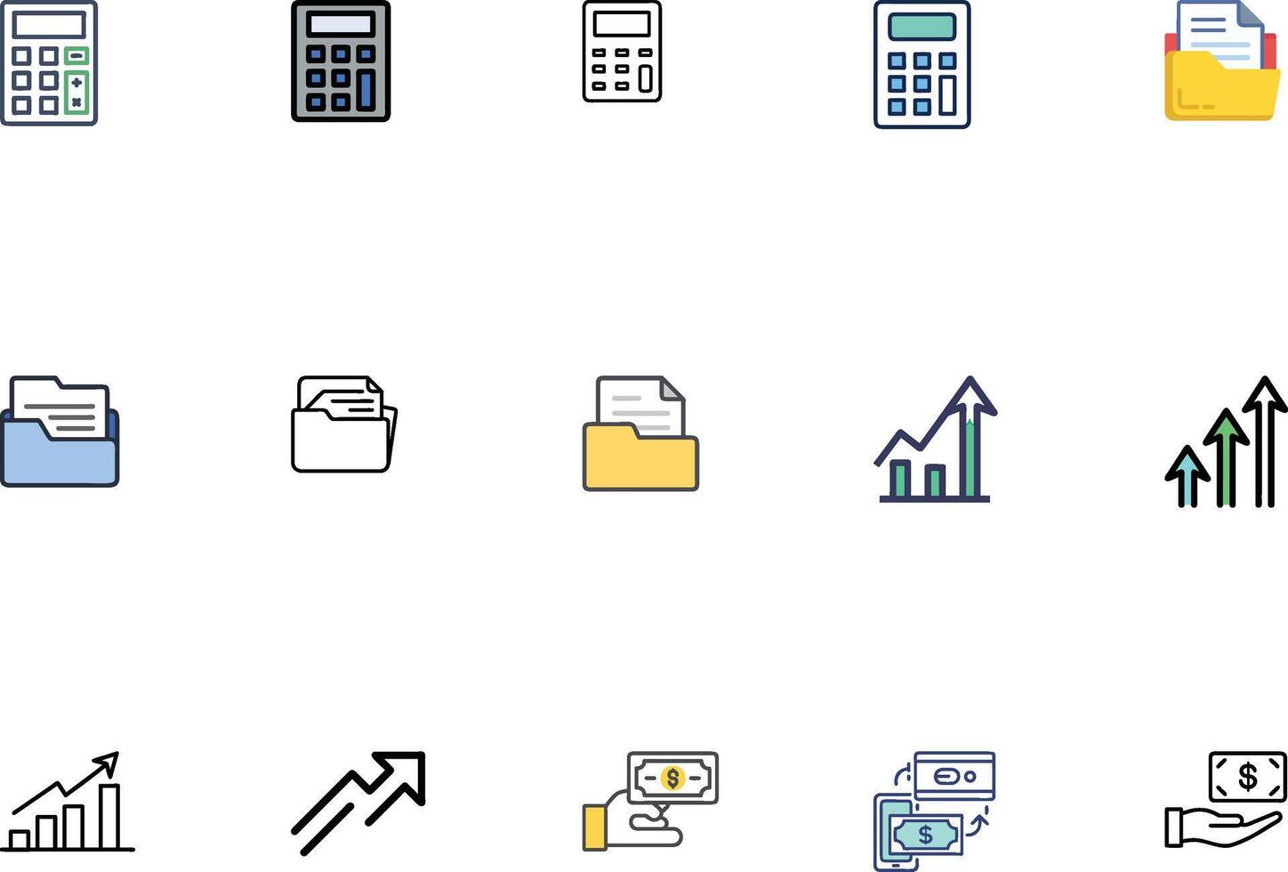 A set of icons that include a calculator, a phone, and a pen vector
