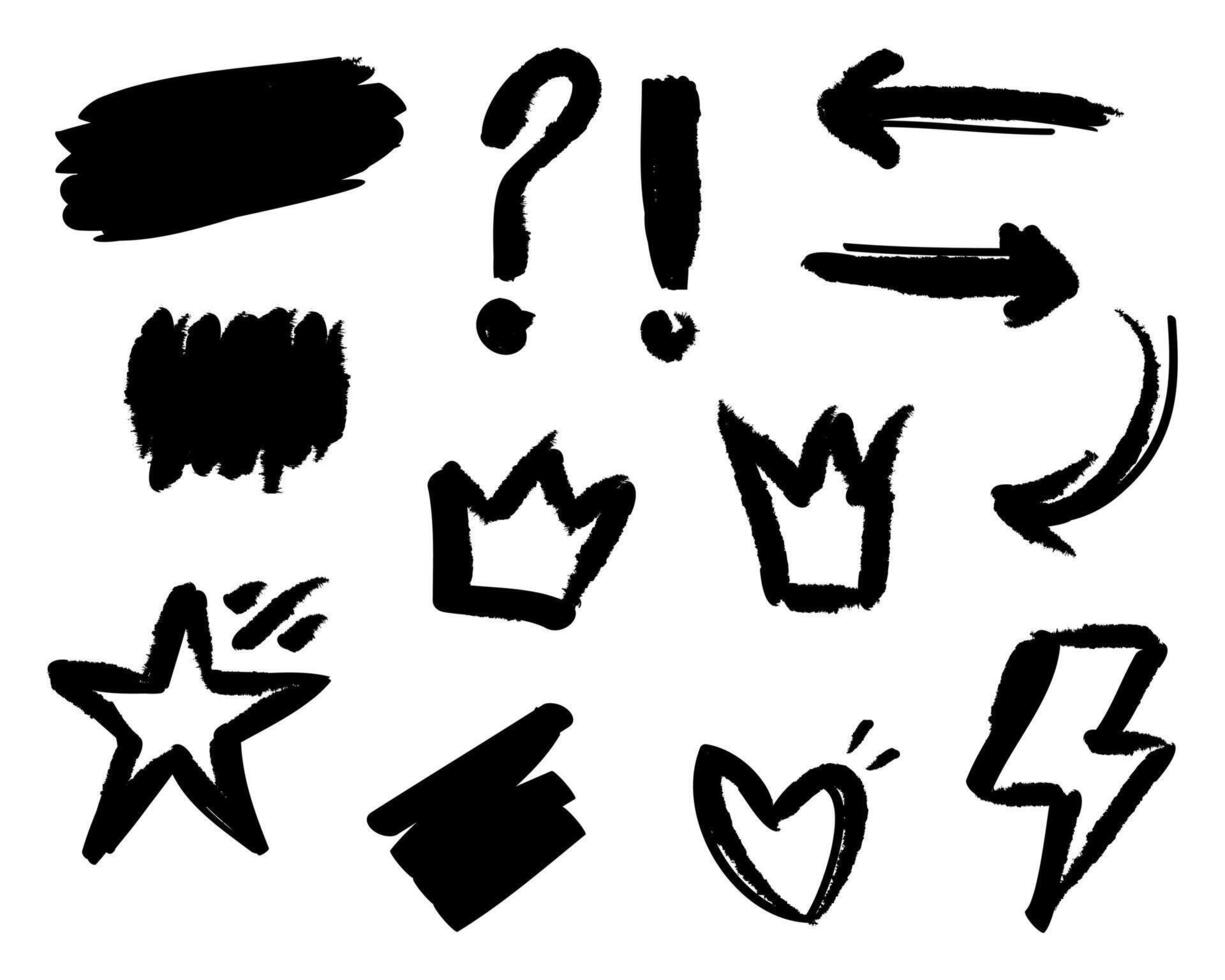 Hand drawn set of doodle emphasis design elements. Crown, arrow, heart, exclamation, star, flash and brush. used for infographic concept design vector