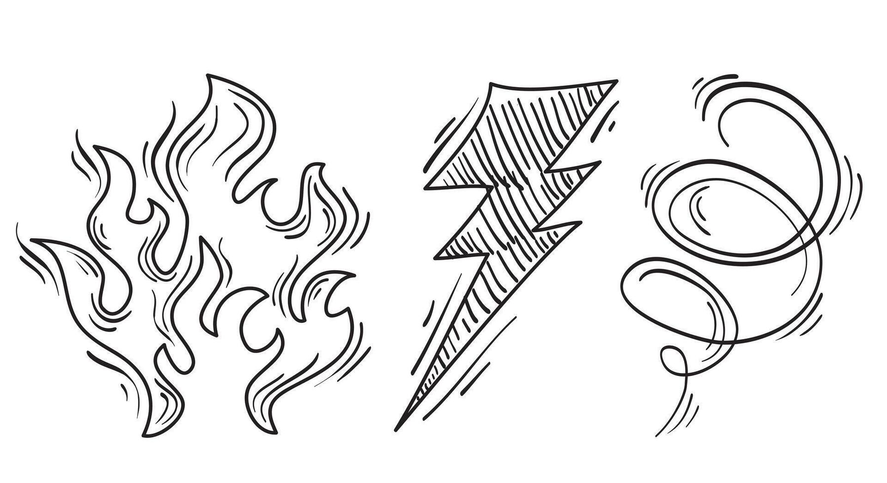 Doodle design elements, wind blow, swirl, fire flame and thunder bolt symbol. isolated on white background. hand drawn illustration vector