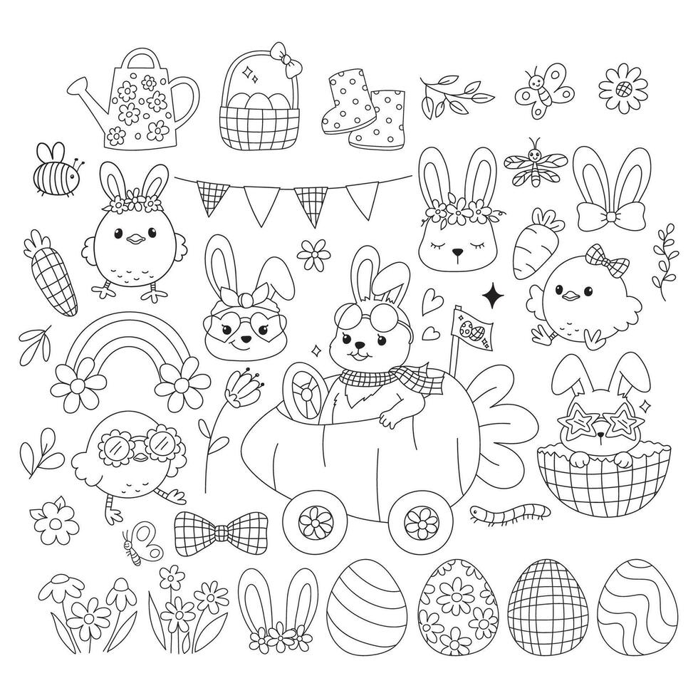 Retro Eater Bunny , Easter Eggs, Spring Elements Coloring Page Line art Doodle Hand Drawn design vector