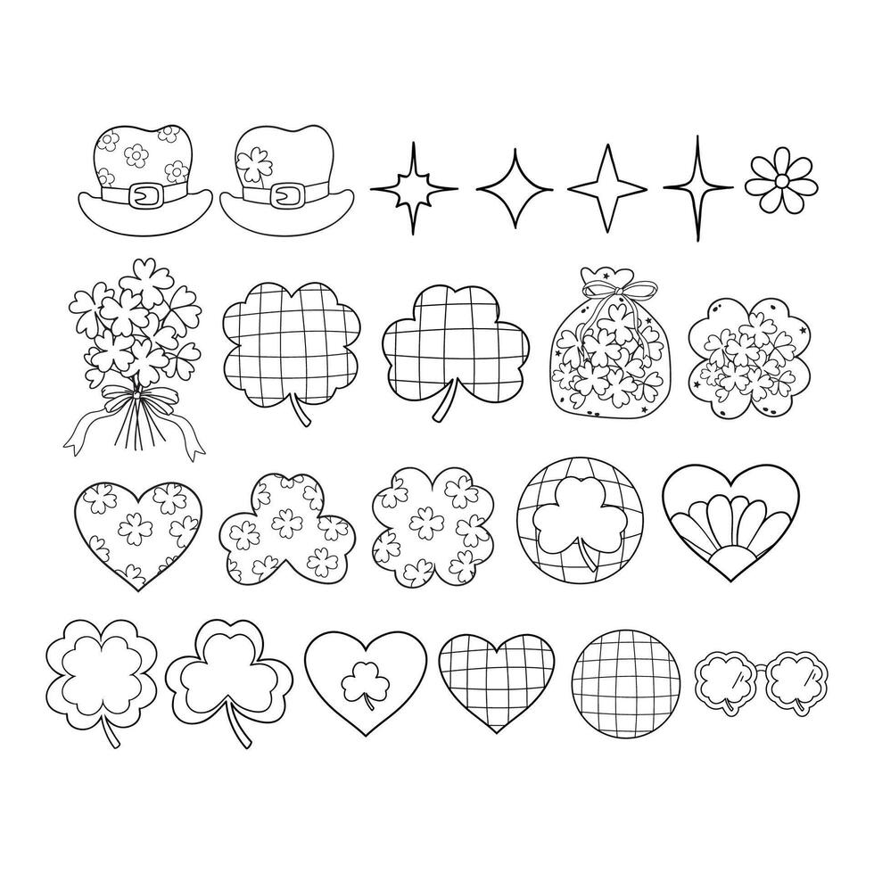 St. Patrick's Day with Retro Shamrock, Hats, Four-leaf Clovers Coloring Page Groovy St Patrick s Day Line art Doodle Hand Drawn design vector