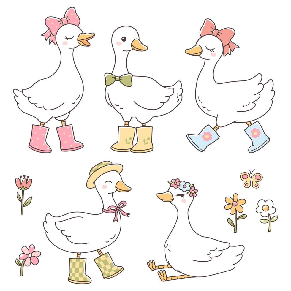 Silly Goose and Flowers Doodle Hand Drawn vector