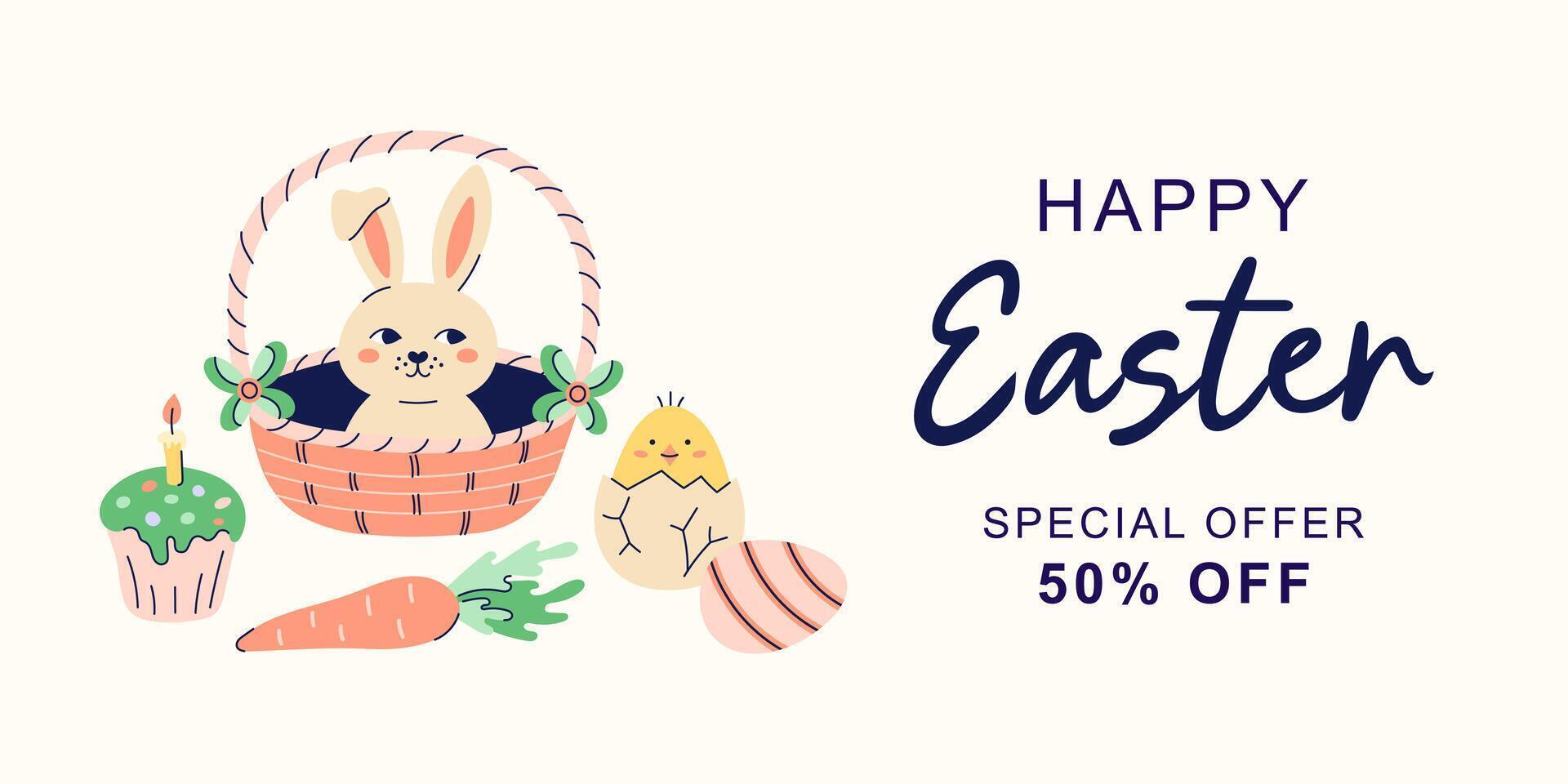 Happy Easter horizontal banner with hare in basket on beige background. Design with text for discount. Happy Easter hand drawn card. Flat illustration with partial outline. illustration. vector