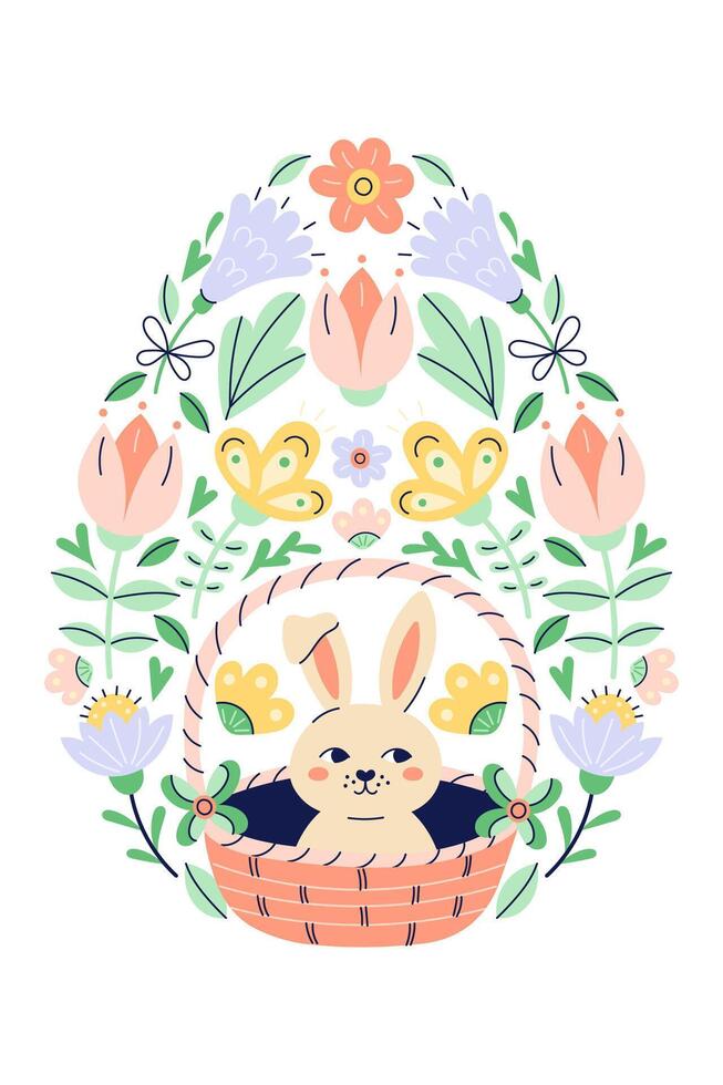 Happy Easter Egg Shape Pattern With Bunny And Flowers. Greeting hand drawn card. Flat illustration with partial outline. illustratio. vector
