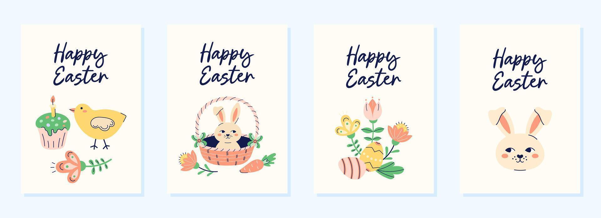 Happy Easter 4 cute cards collection. Design with text on light beige background. Happy Easter hand drawn card. Flat illustration with partial outline. illustration. vector