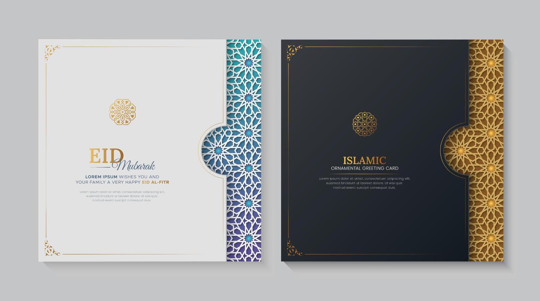 Eid Mubarak ornamental greeting cards with Islamic pattern and decorative border vector