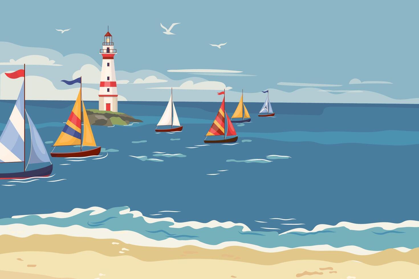 Sailing regatta with many various yachts and lighthouse. Horizontal banner with ocean view. Race sailboats or parade of ships concept Flat illustration, maritime background with copy space vector