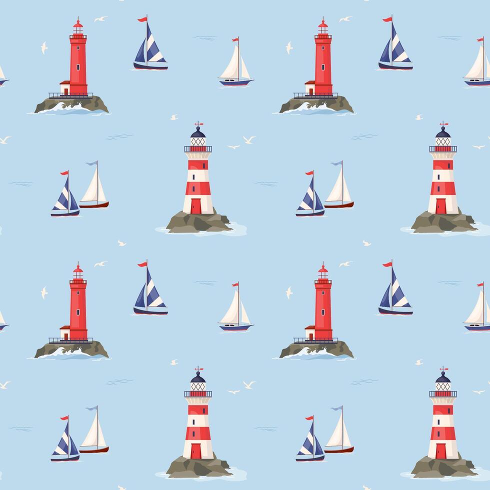 Marine seamless pattern with sailboats and lighthouses. Nautical navigation towers and ships in blue ocean summer repeat background Marine endless design for print, fabric, textile, wrapping paper vector