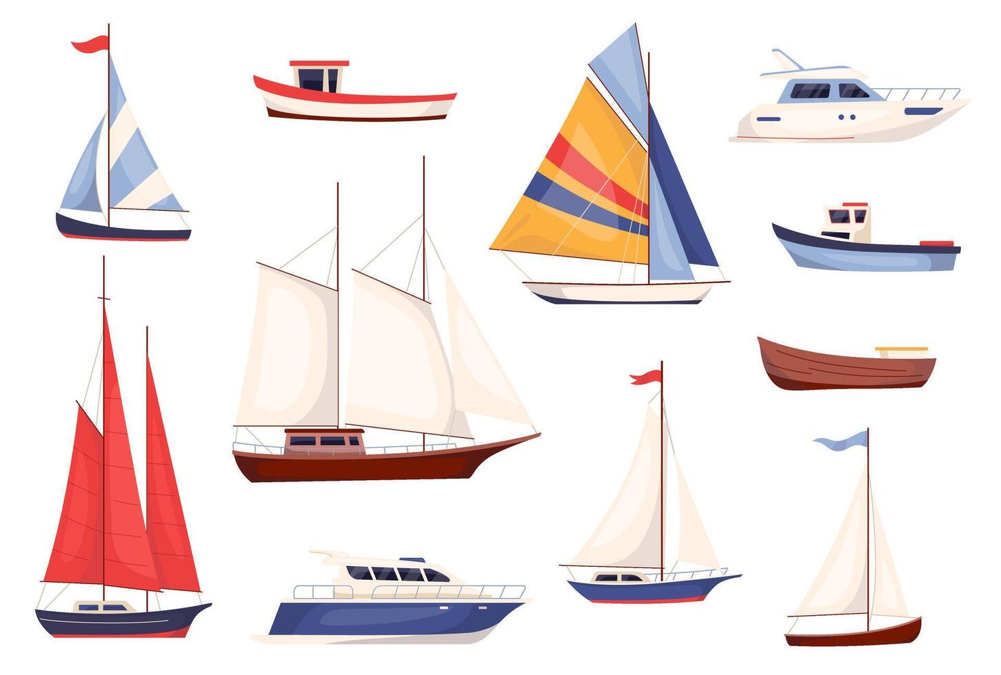 Ship, sailboat, frigate, yacht and other floating or shipping marine vehicles. Water transport set design elements in flat style. Marine vessels and boats bundle. illustration isolated on white vector