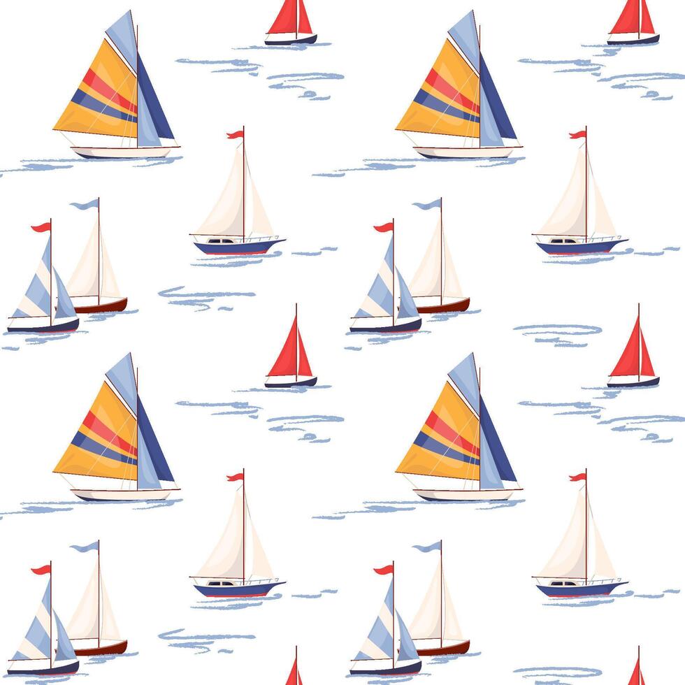 Marine regatta seamless pattern with sailboats. Nautical repeat background with various ships in sea Summer endless design in flat style for print, fabric, textile, wrapping paper vector