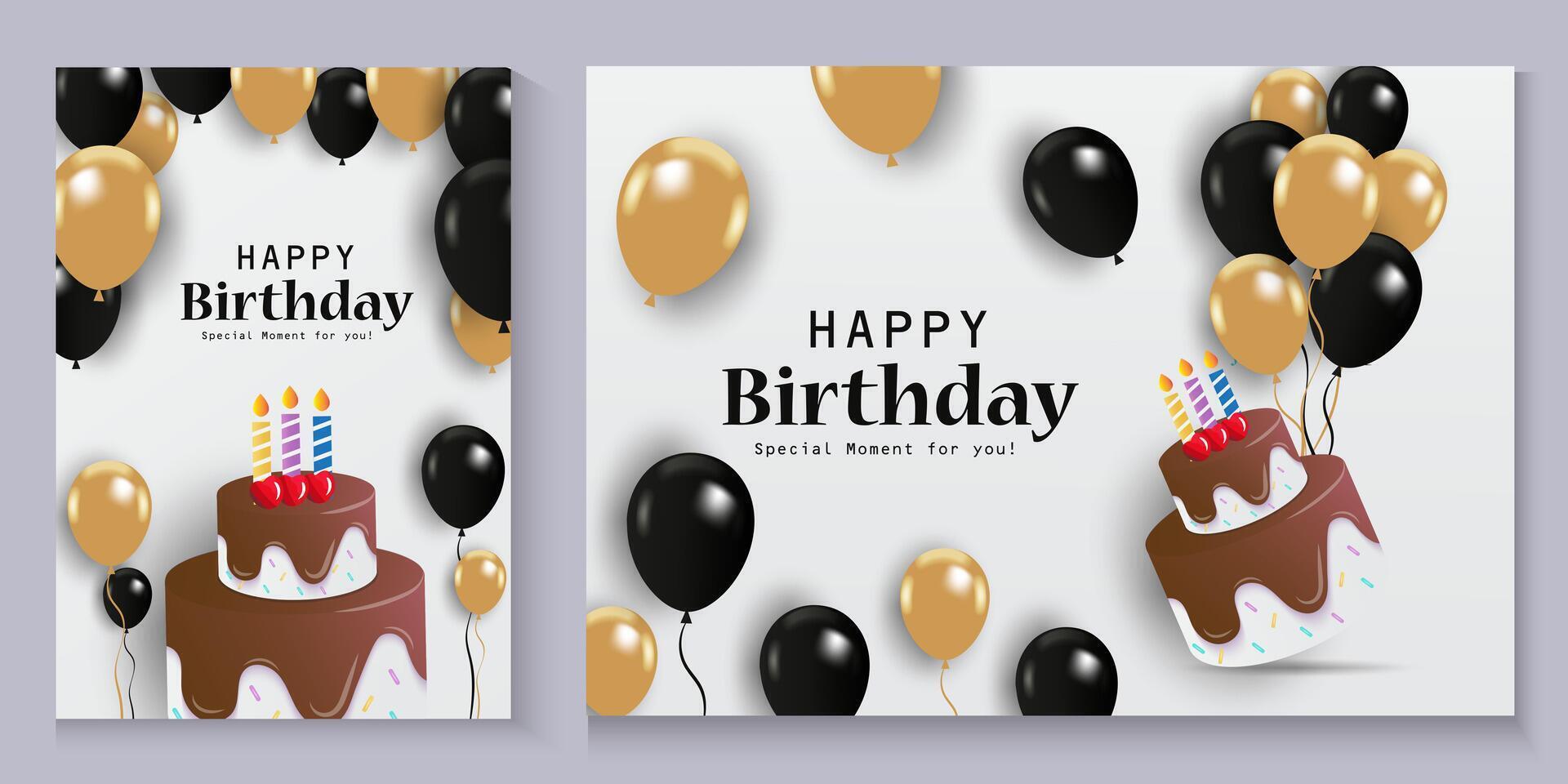 happy birthday poster and banner template with gold balloons and cake vector