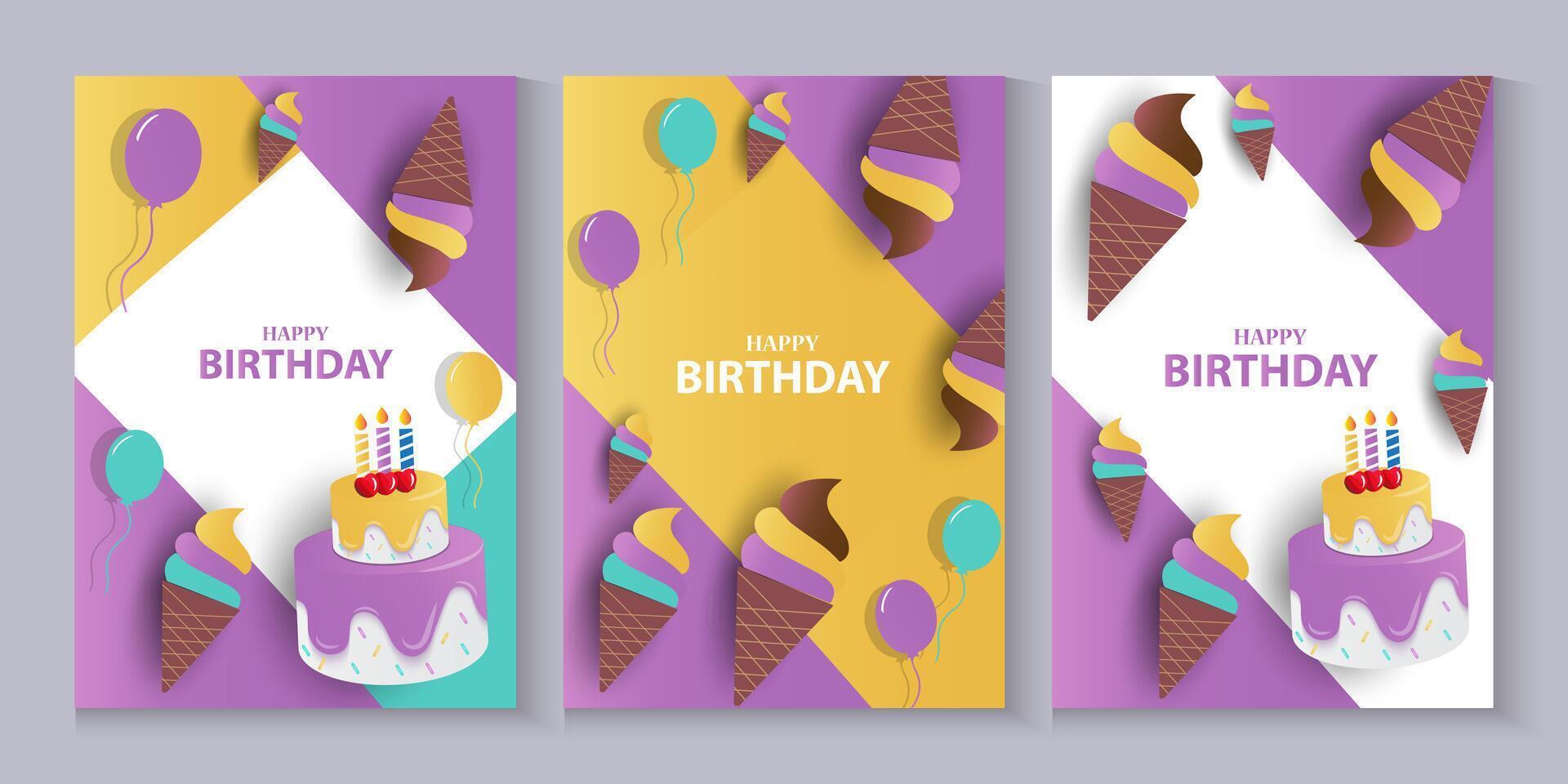 set of happy birthday banners with ice cream and cake vector
