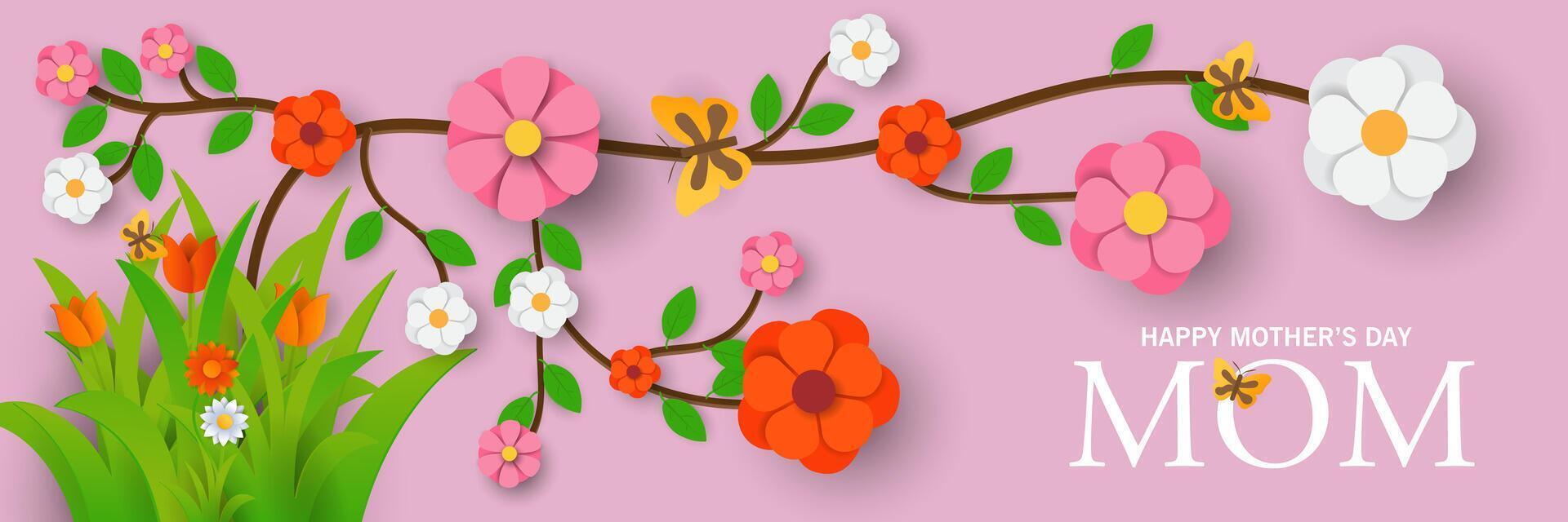 happy mothers day banner card with flowers and butterflies vector