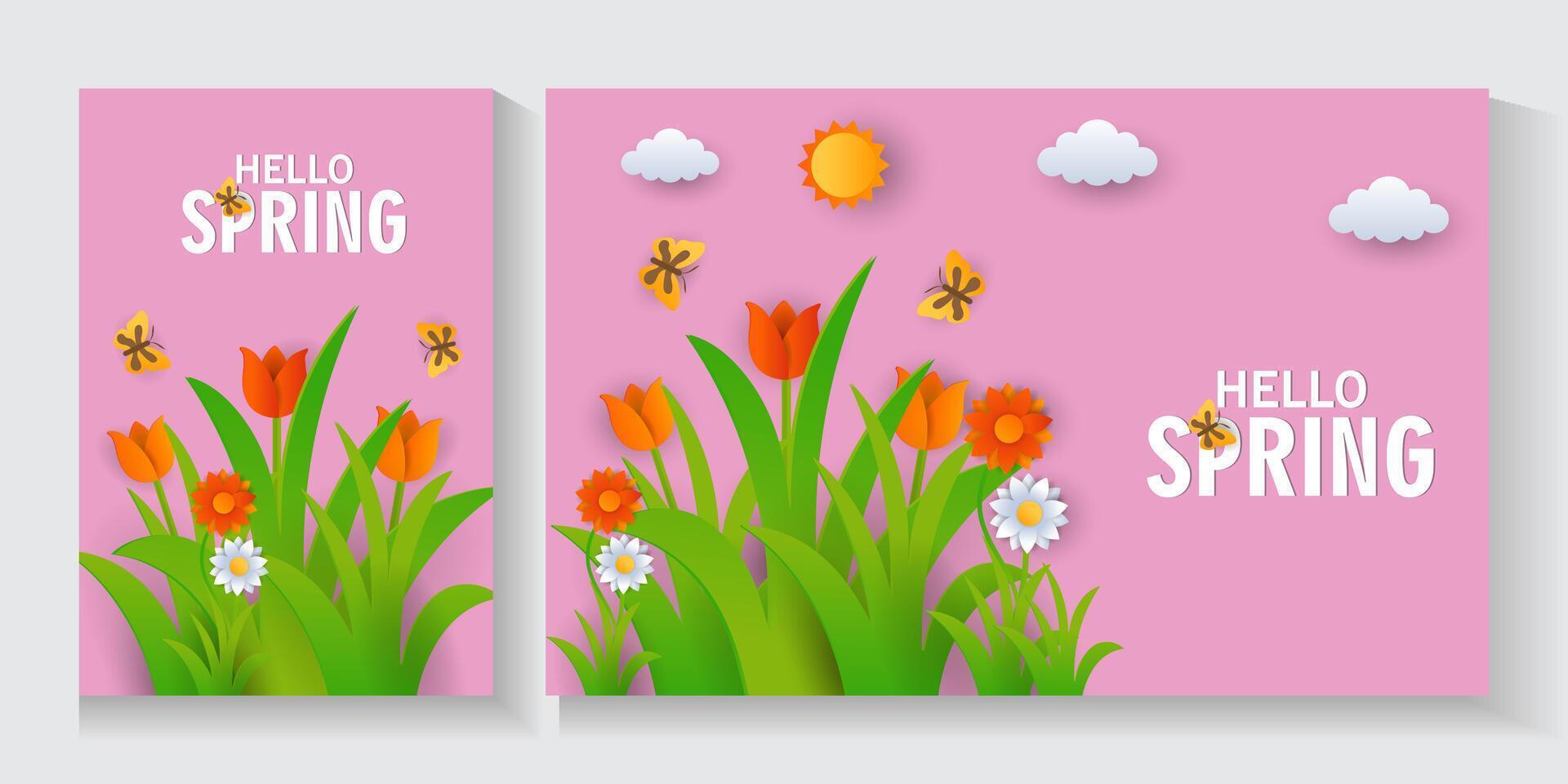 set of spring poster and banner with flowers and pink background vector