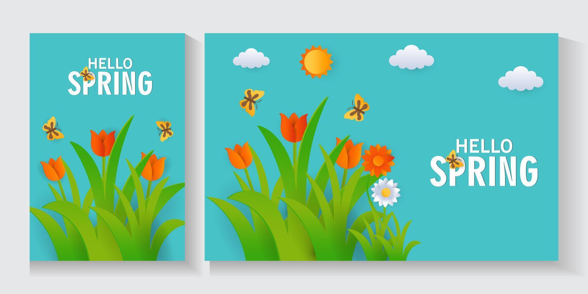 two spring banners with flowers sun clouds and butterflies on blue background vector