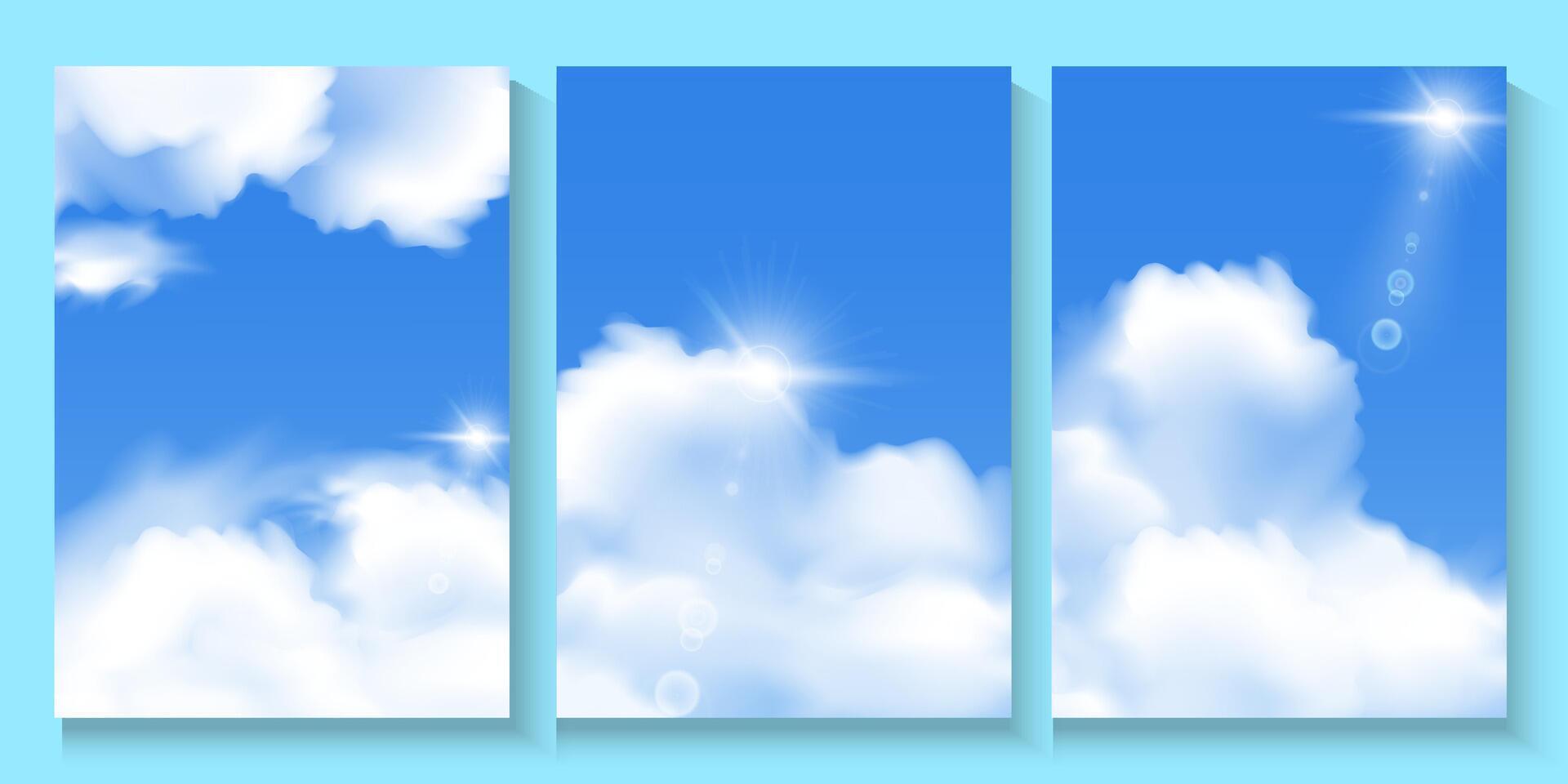 three vertical blue sky banners poster with clouds and sun vector