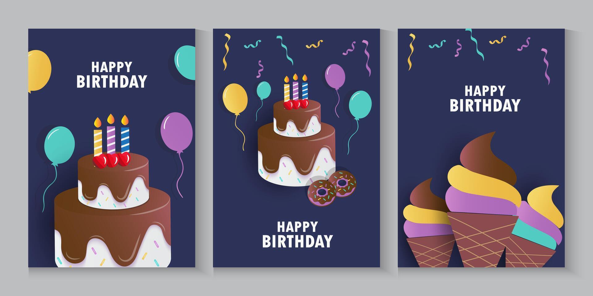 three birthday invitation card banners with chocolate cake and ice cream vector