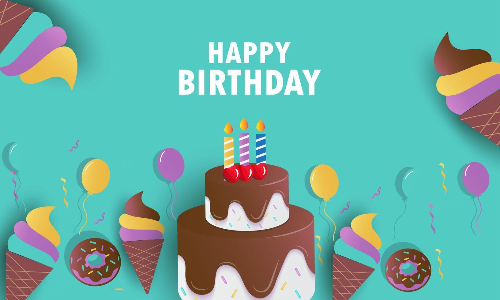 happy birthday greeting card banner with cake with ice cream and balloons vector