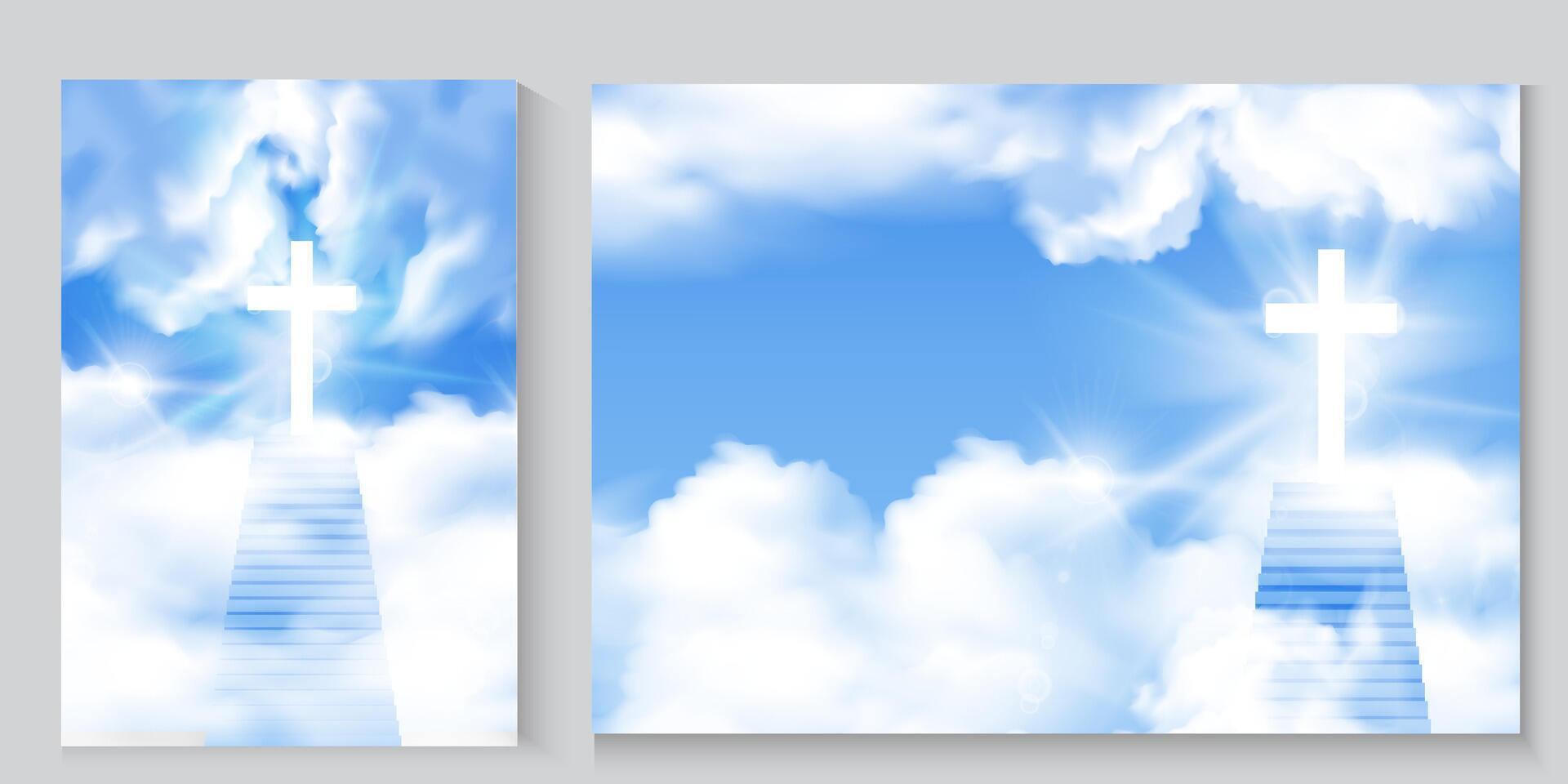 Ascension Day of Jesus Christ poster card or banner set design background with blue sky and clouds, background for easter day, good friday,Jesus rising to heaven in heavenly light above. vector