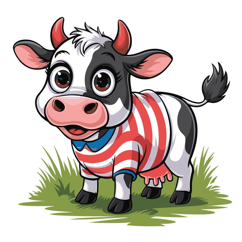 Cartoon cow in red, white and blue shirt vector