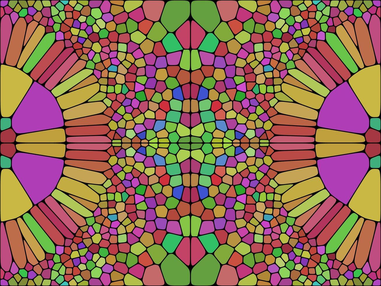 A vibrant, symmetrical mosaic pattern with irregular, colorful tiles in shades of green, yellow, pink, and red, resembling stained glass or a kaleidoscopic design. vector