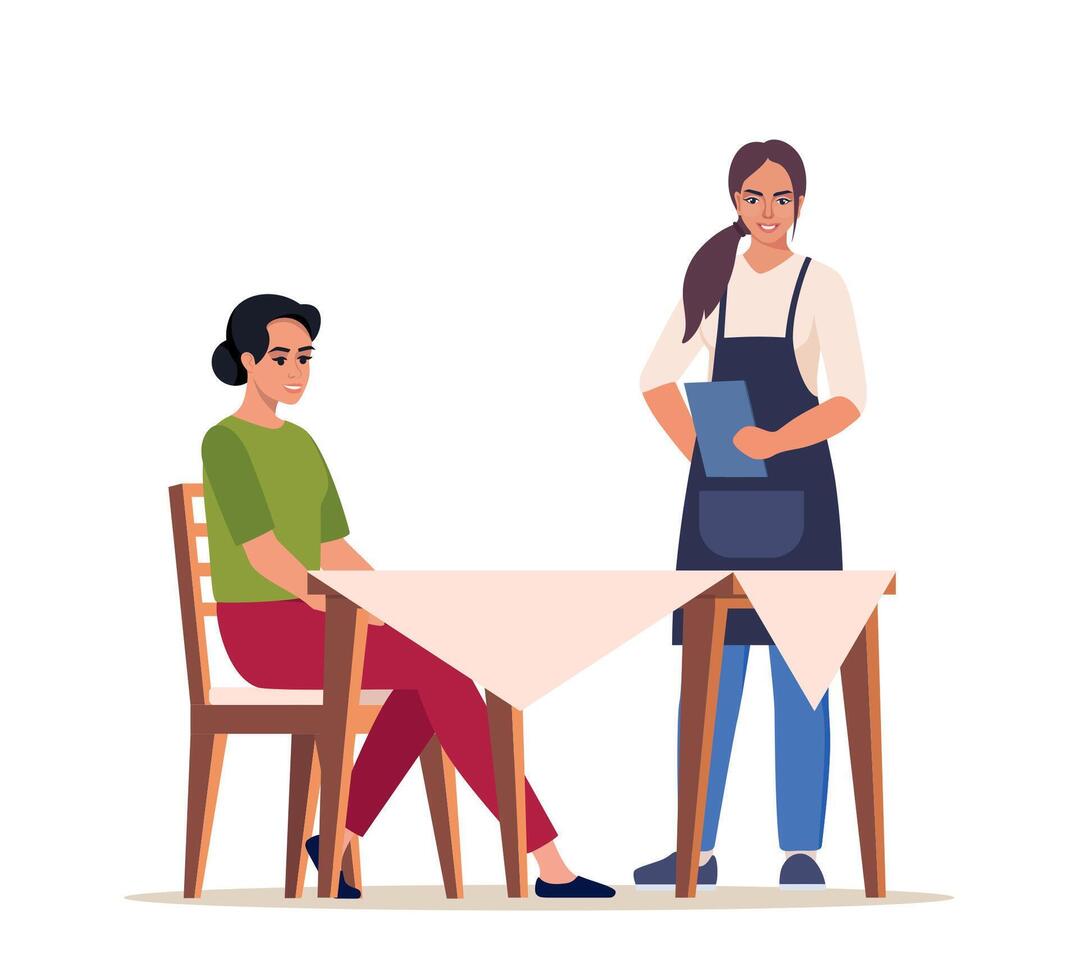 Waitress with menu taking order. Restaurant staff. Woman sitting at the table in a restaurant, wants to have a dinner. illustration. vector
