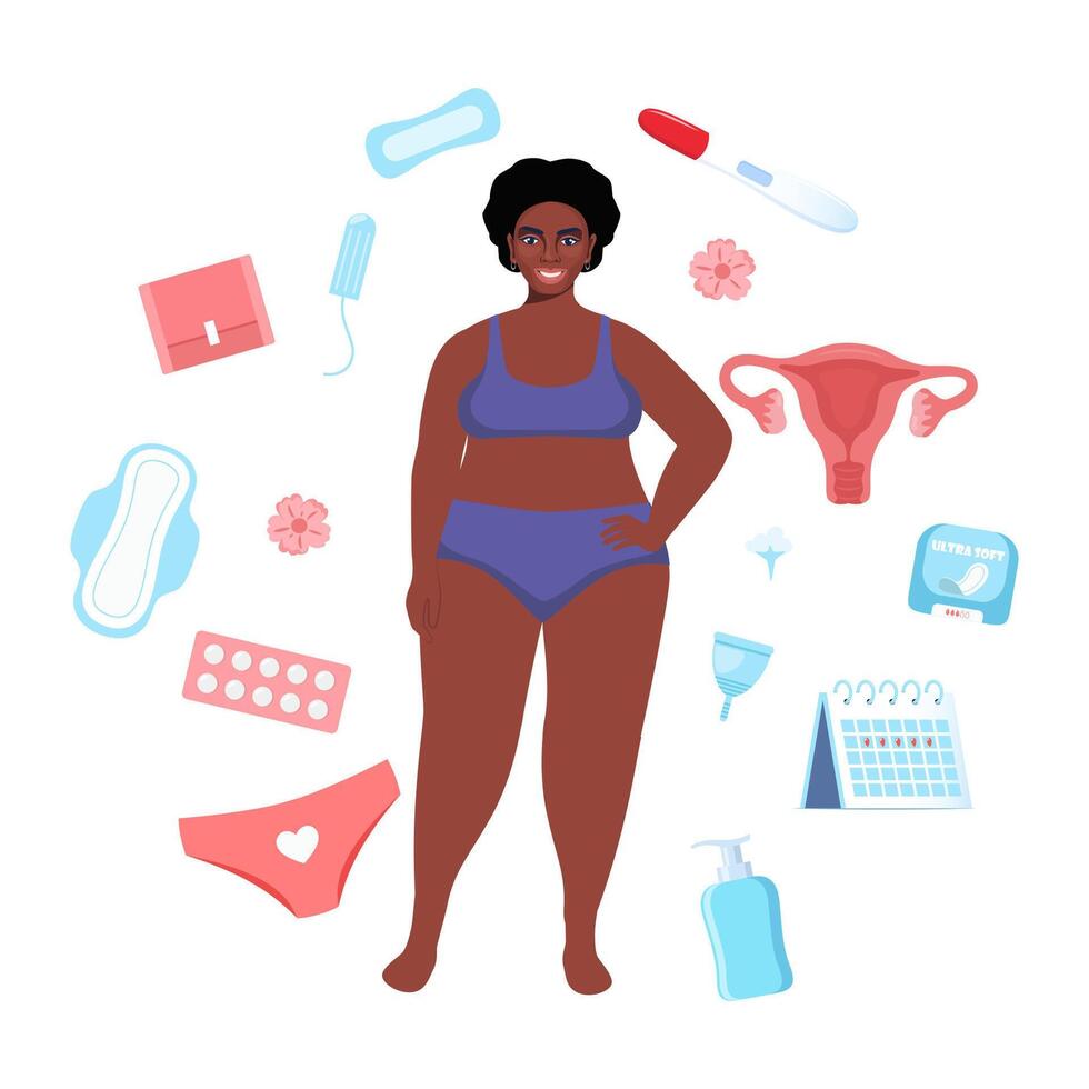 Womans health concept. Menstruation, period, female uterus, reproductive system. Black woman, pregnancy test, tampon, calendar, womb, pads, menstrual cup, vector