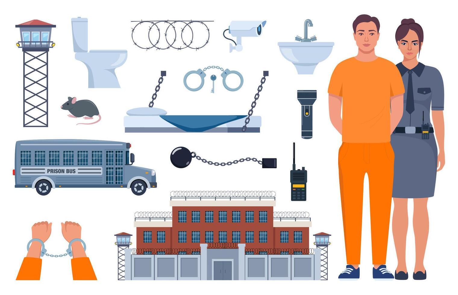 Woman police officer holding handcuffed criminal woman in orange prison uniform. Prison elements. Penitentiary system icons. illustration. vector