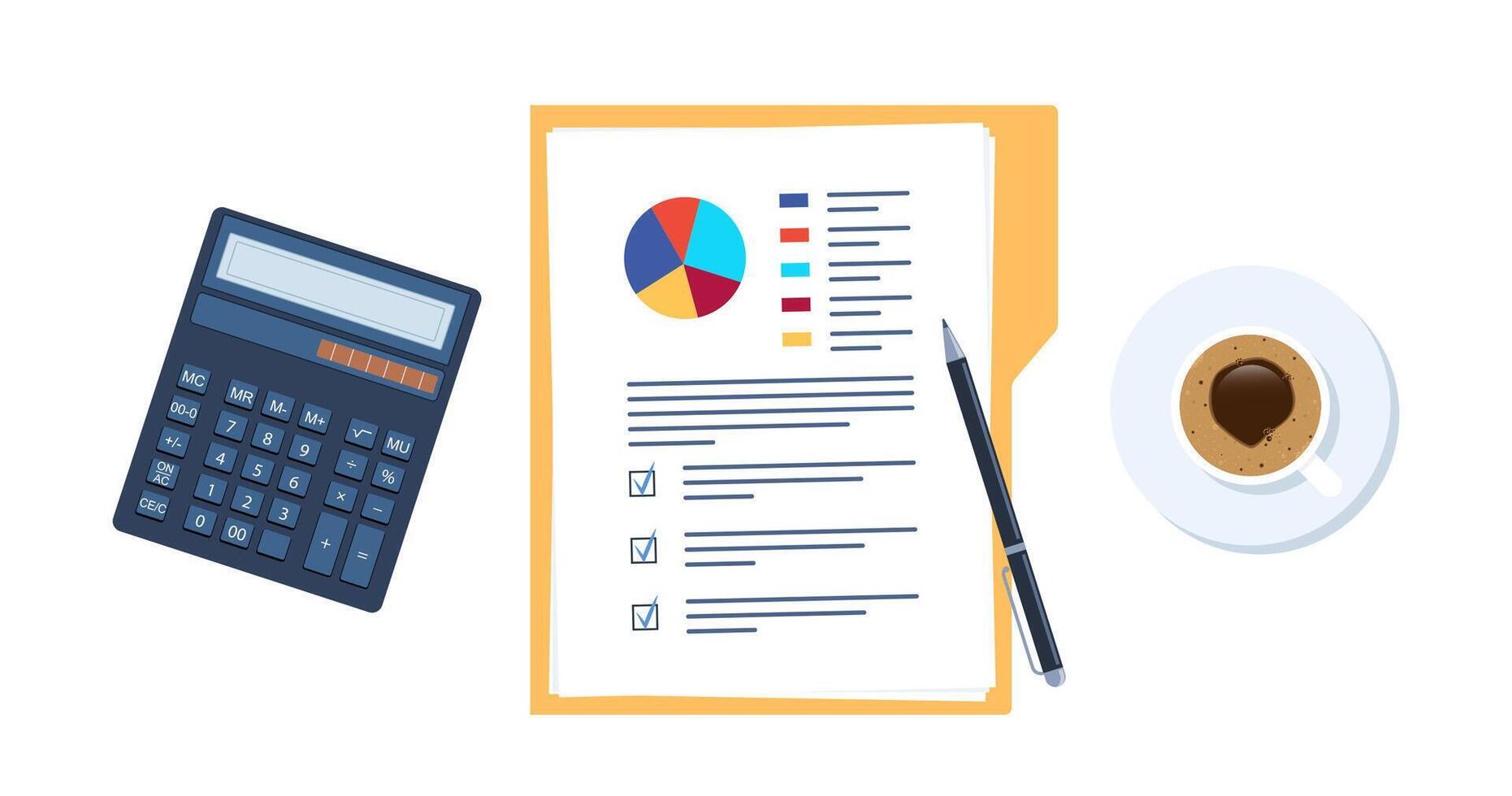 Open folder and documents, statistical data with charts, diagrams. Coffee and calculator. Workplace documents for financial statistics, reporting, strategy development. vector