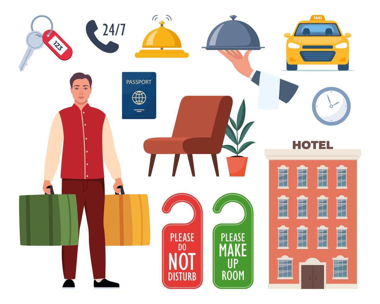 Hotel and Hospitality icon set. Lodging industry. Restaurant and hotel service vector
