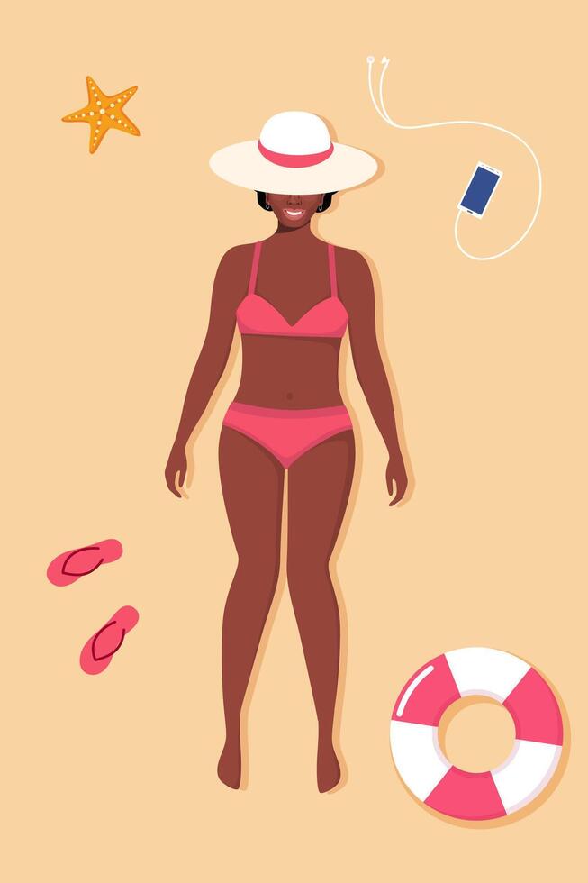 Beautiful black woman in swimsuit sunbathes on the beach. Top view beach background. Summer time vector