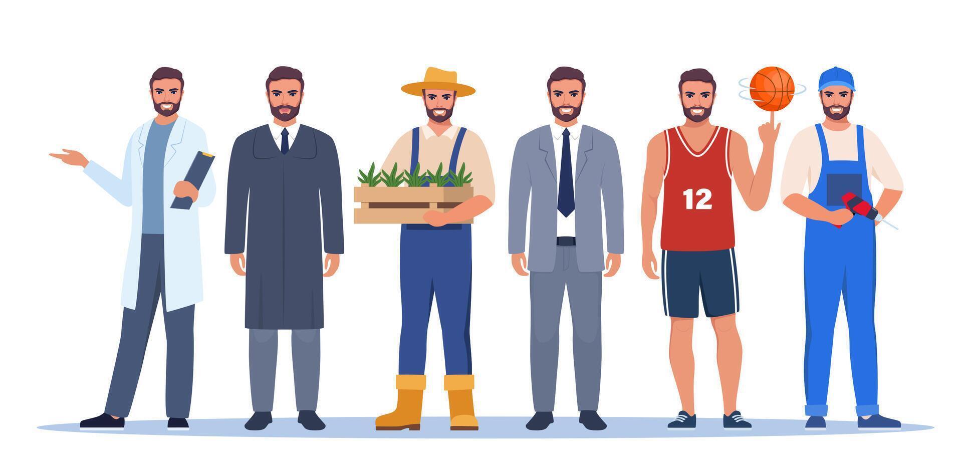 Jobs and professions set. Men in uniforms, different occupation, work. Same man character in different occupations. vector