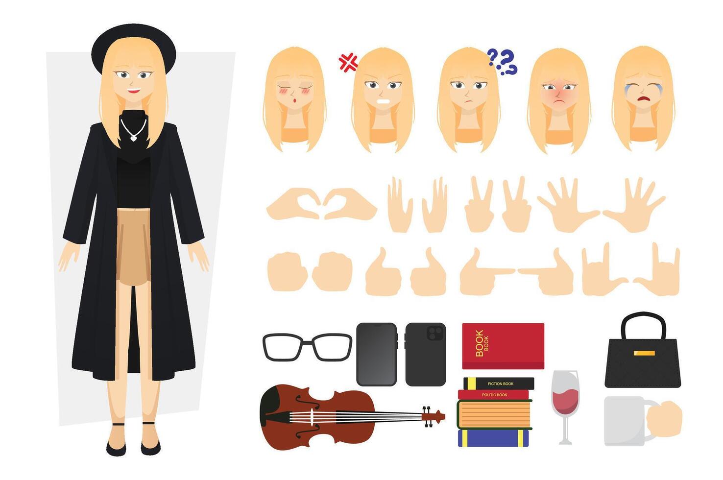 Flat character design free of young woman or girl wearing outer and mini skirt with alternate various face expression angry, sad and love with finger hand pose and many accessories violin books bag vector
